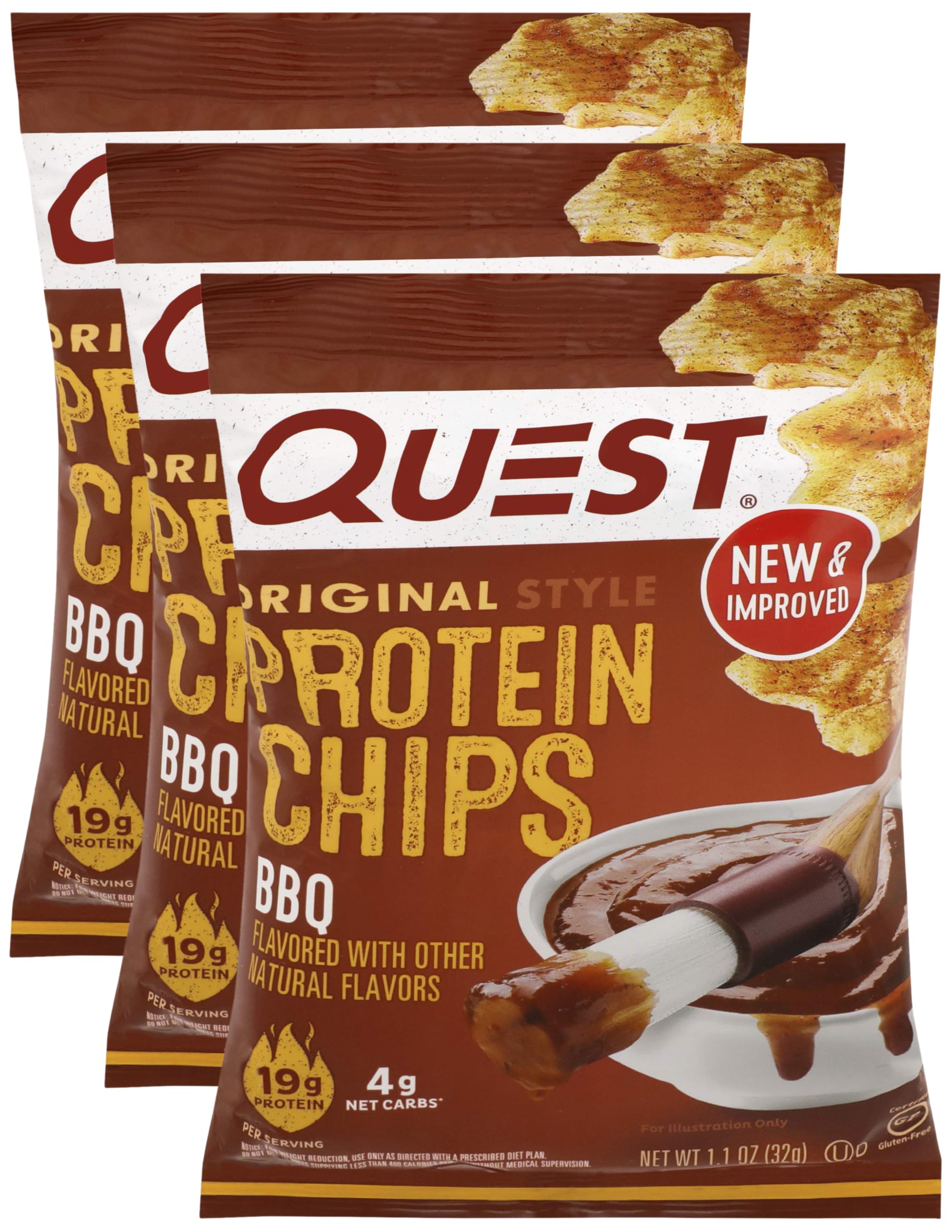 Quest Nutrition Protein Chips, BBQ, 22g Protein, 3g Net Carbs, 130 Cals, 1.2oz Bag, 1 Count, High Protein, Low Carb, Gluten Free, Soy Free, Potato Free (Pack of 3)