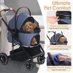 TODEFULL Pet Stroller with 4 Wheels, 3 in 1 Folding Puppy Strollers for Small/Medium Dogs Cats up to 50lbs, Lightweight Pet Travel Carrier with Detachable Cushion, Storage Basket and Cup Holder, Blue