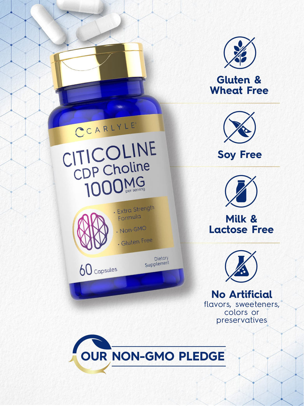 Carlyle Citicoline CDP Choline 1000mg | 60 Capsules | Extra Strength Formula | Non-GMO, Gluten Free Supplement