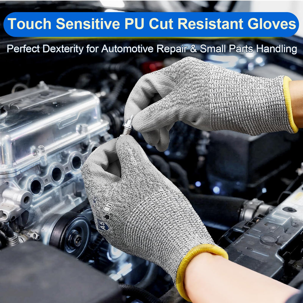 Dowellife Cut Resistant Work Gloves for Men & Women - ANSI A5 & EN388 Level 4, Breathable PU Coated, Grey Non-Marking - for Gardening, Fishing, Automotive, Construction, Wood Carving (Medium, Grey)