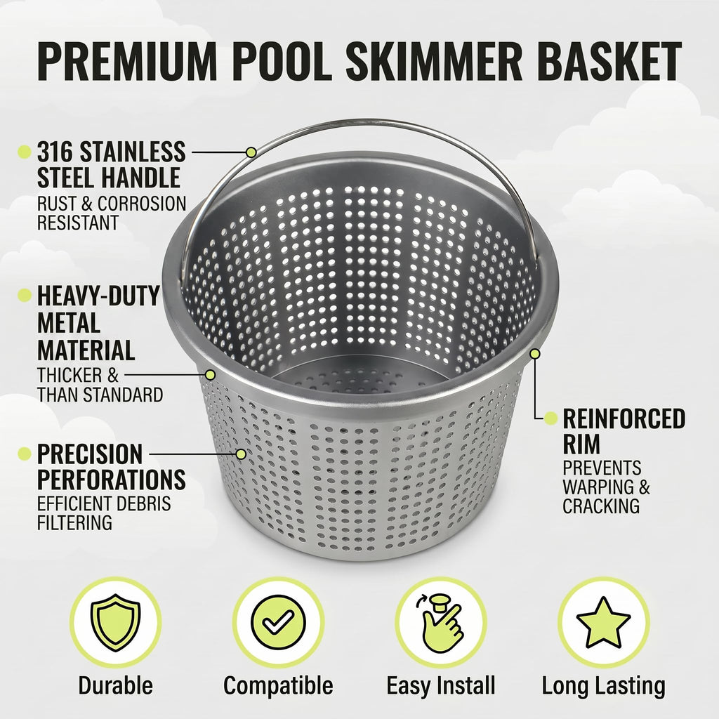 LVACODV Aluminum Pool Skimmer Basket Replacement for Pentair U-3 & Hayward SP1070/SPX1070E, 8-1/8" Top OD x 6.5" Bottom Dia x 5.5" H, 316 Stainless Steel Handle