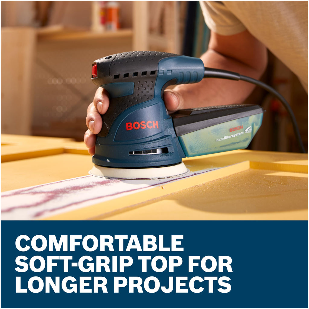 BOSCH ROS20VSC Palm Sander with Vacuum Dust Collector, 2.5 Amp 5 Inch Corded Variable Speed Random Orbital Sander, Polisher Kit with Soft Carrying Bag
