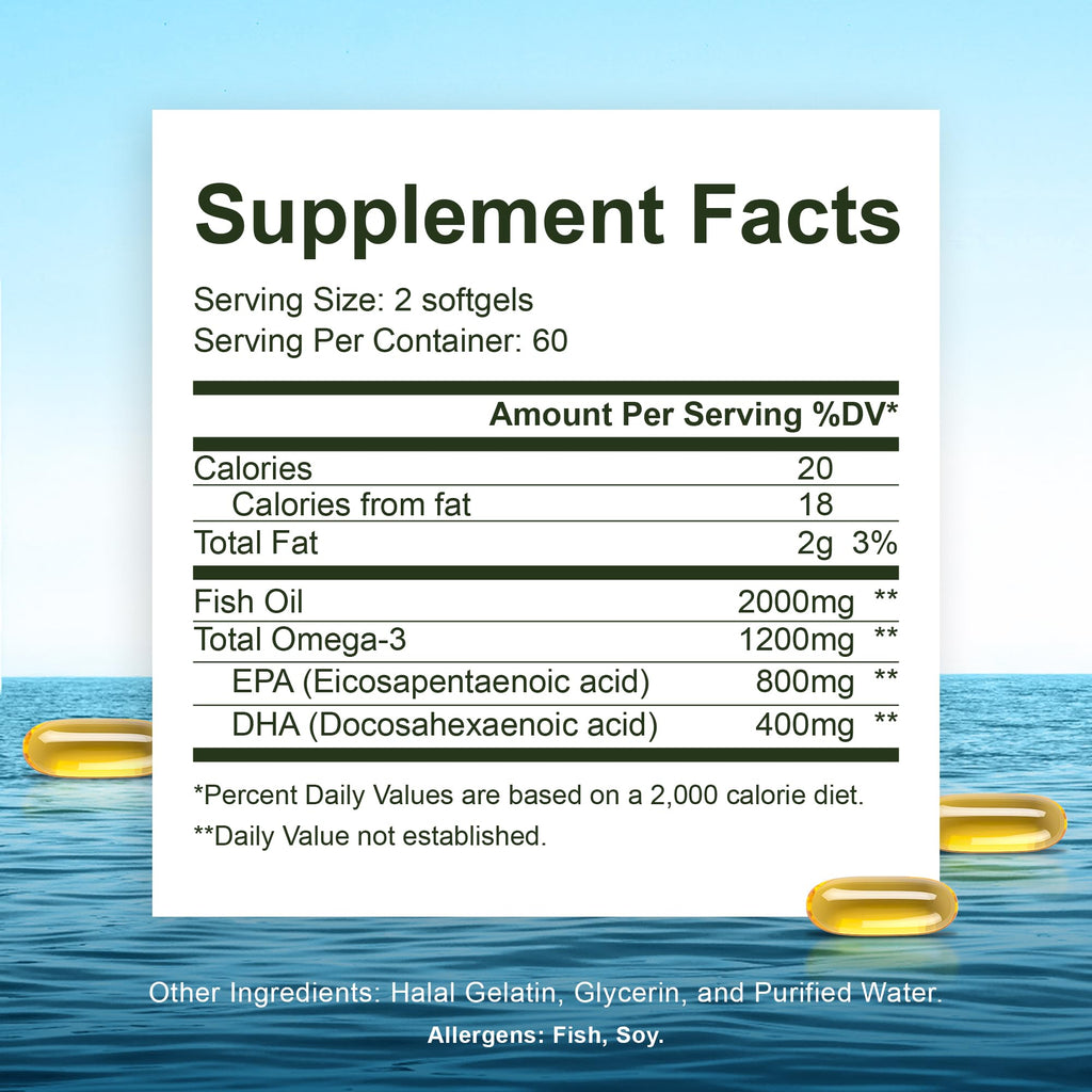 Noor Vitamins Halal Fish Oil, Halal Vitamins, Ultra Omega 3 Wild Peruvian Fish (800 mg EPA & 400 mg DHA) Heart, Brain & Joint Support, Non-GMO and Gluten Free (120 Count)
