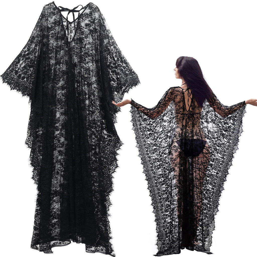 Mepase Boho Witch Lace Kimono Kaftan Dress Robe Beach Bikini Swimsuit,Black