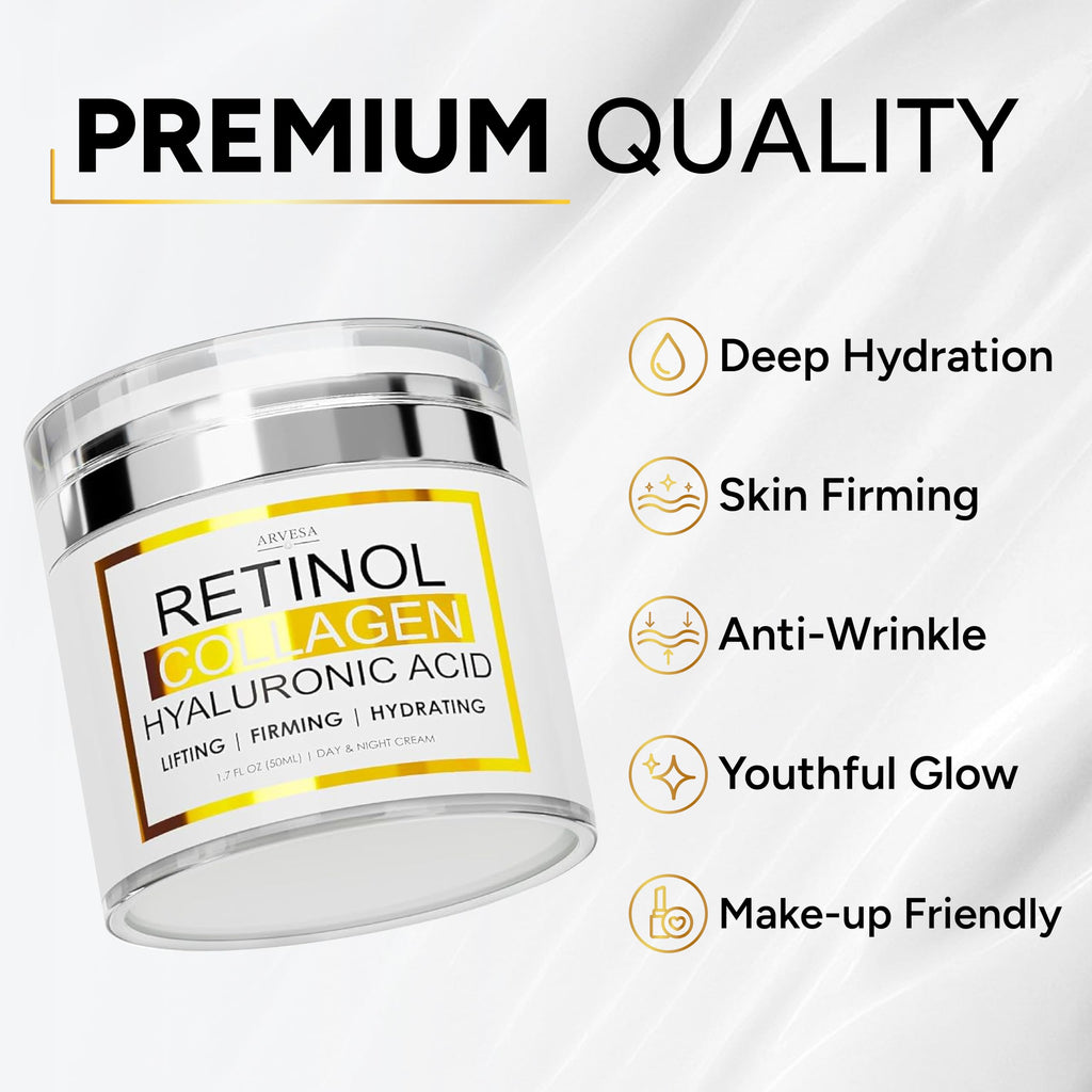 Retinol Cream for Face with Collagen and Hyaluronic Acid - Anti Aging Wrinkle Cream for Women and Men - Day and Night Facial Moisturizer for Tightening and Skin Firming - Crema Hidratante Para la Cara