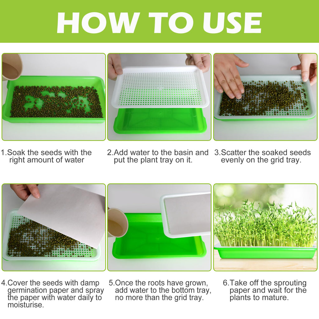 EBaokuup 10 Pack Seed Sprouter Tray with Drain Holes - BPA Free Seed Garden Plant Germination Propagation Trays, Soil-Free Wheatgrass Tray Sprouter Microgreens Growing Kit with Germinating Paper