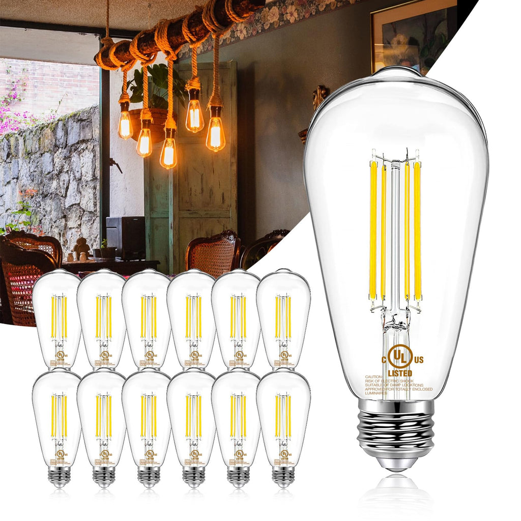 DAYBETTER 12 Pack Vintage LED Edison Bulbs, E26 Led Bulb 60W Equivalent, Dimmable Led Light Bulbs, High Brightness 800 LM Warm White 2700K, ST58 Antique Filament Bulbs, Clear Glass Style for Home