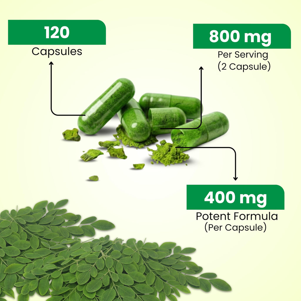 NaturalHerbo Pure Moringa Capsules - Pure Moringa Leaf Extract for Natural Energy, Digestion & Daily Wellness | Green Superfood Supplement | Vegan, Non-GMO, Gluten-Free | 120 Capsules (800mg)