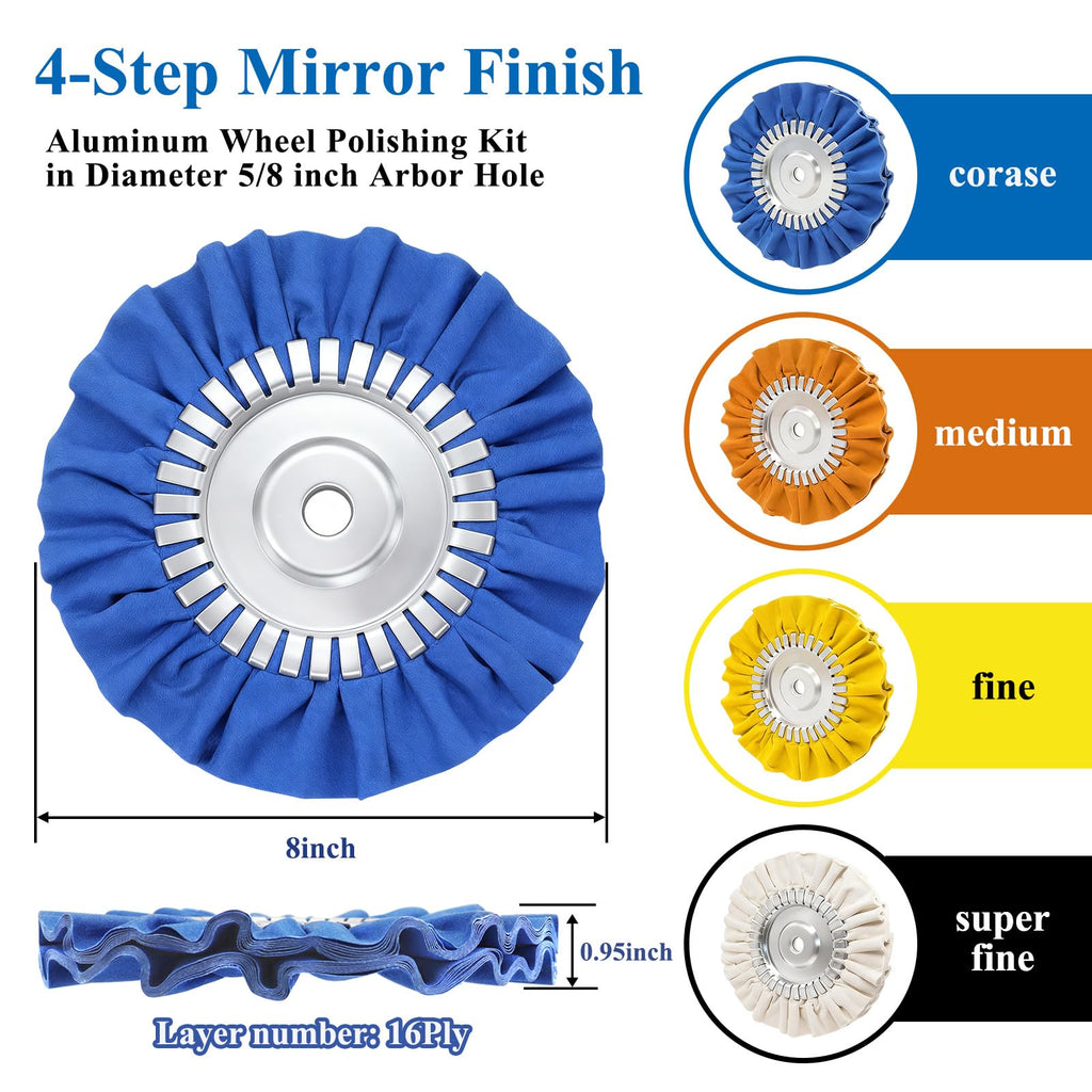 Tnisesm 10Pcs 8" Airway Buffing Wheel, Aluminum Polishing Kit in Diameter 5/8 inch Arbor Hole, Metal Polishing Wheel for Angle Grinder