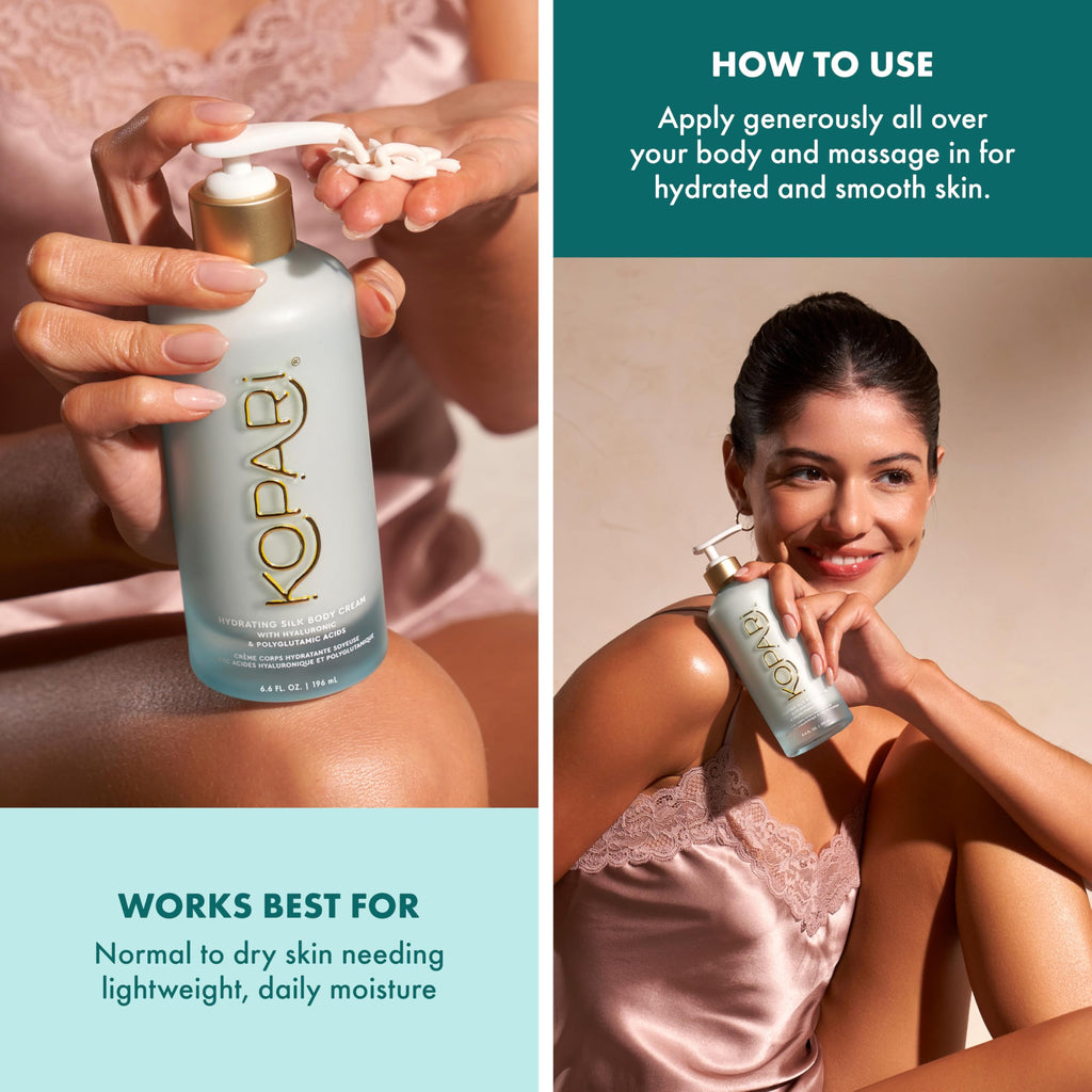 Kopari Hydrating Silk Body Cream with Hyaluronic & Polyglutamic Acids – Long Lasting Moisturizer for Dry Skin, Lightweight & Silky Texture, Sweet Coconut Milk Scent, 6.7 oz