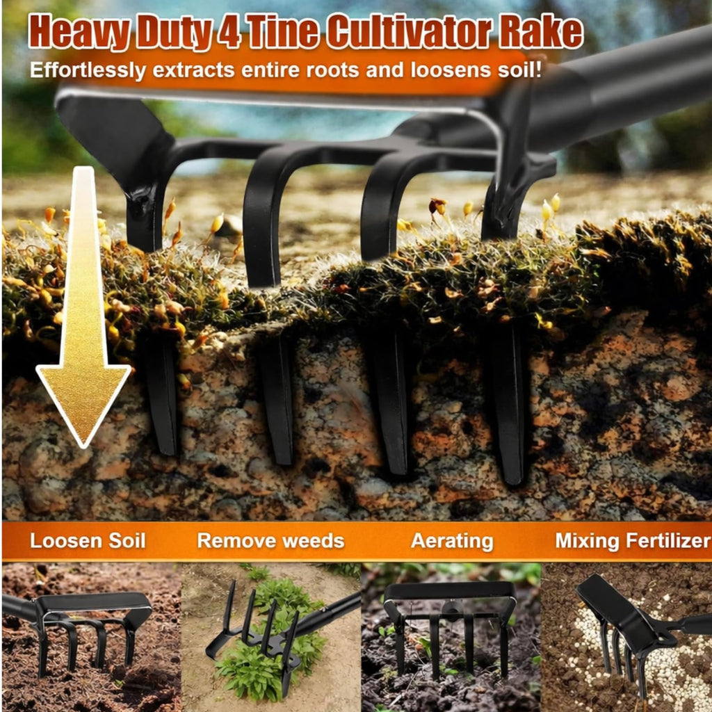 Garden Hoe with Cultivator Rake, 2-in-1 Heavy Duty Action Stirrup Hoe with Sharp Blade,60" Adjustable Long Handle Loop Scuffle Hoe for Fast Weeding, Loosening Soil, Aerating and Mixing Compost