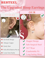 BESTEEL 16 Pairs Hypoallergenic Earrings for Girls Women Sensitive Ears Cute Surgical Steel Dangle Huggie Hoop Earings Set with Charm CZ Heart Animal Christmas Gifts Silver