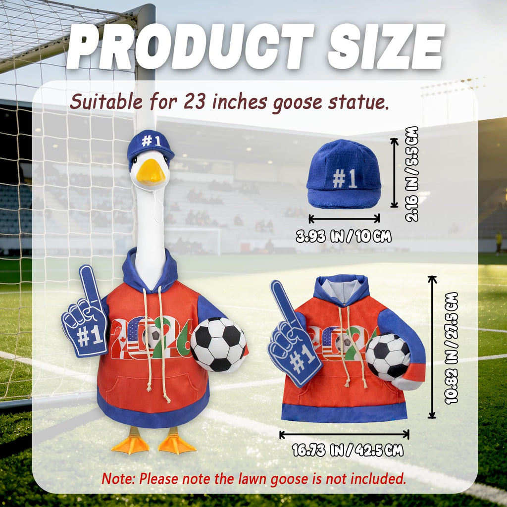 APHIUFR Soccer Themed Porch Goose Outfits,2 Pcs Adorable Goose Clothes Set with Hat,Ball & Foam Finger,Fits 23" Lawn Goose Statue Game Day Goose Costume for Garden Patio Yard Outdoor Decor