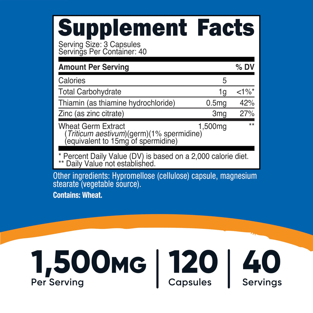 Nutricost Spermidine Wheat Germ Extract Supplement 120 Capsules for 40 Servings Per Bottle - Vegetarian, GMO Free