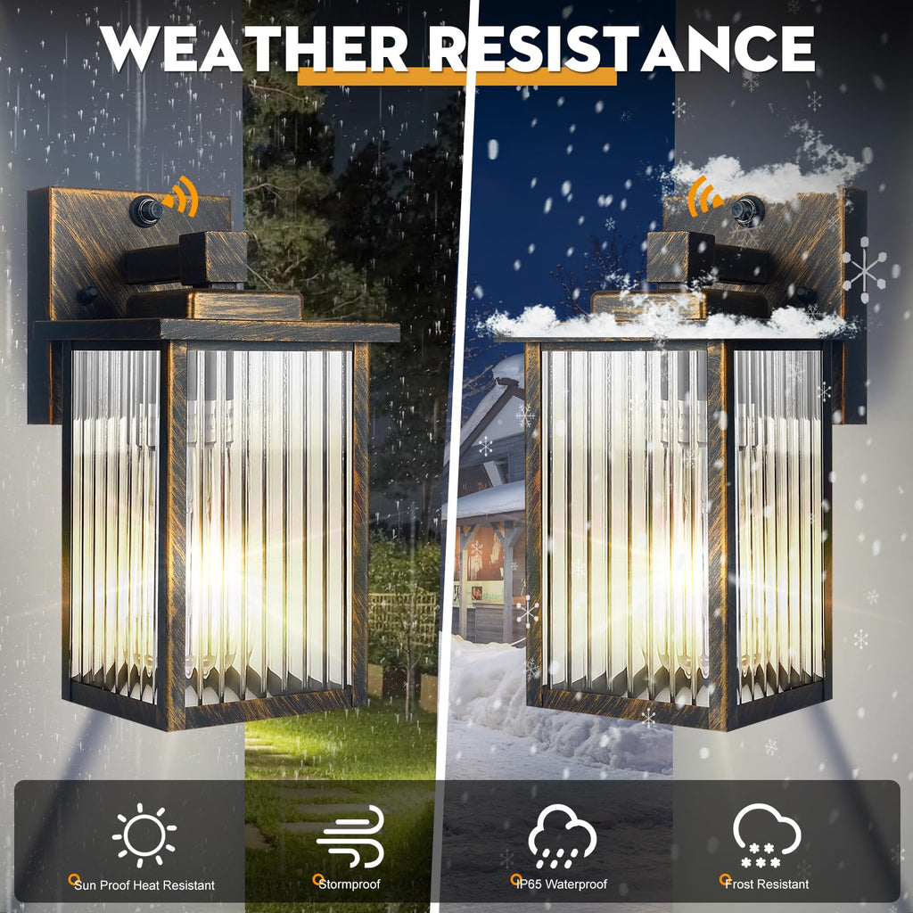 hameso 2 Pack Outdoor Wall Lights with Dusk to Dawn Sensor, Waterproof Exterior Lights for House Porch and Garage, Black Brush Gold Metal Wall Sconce with Textured Glass