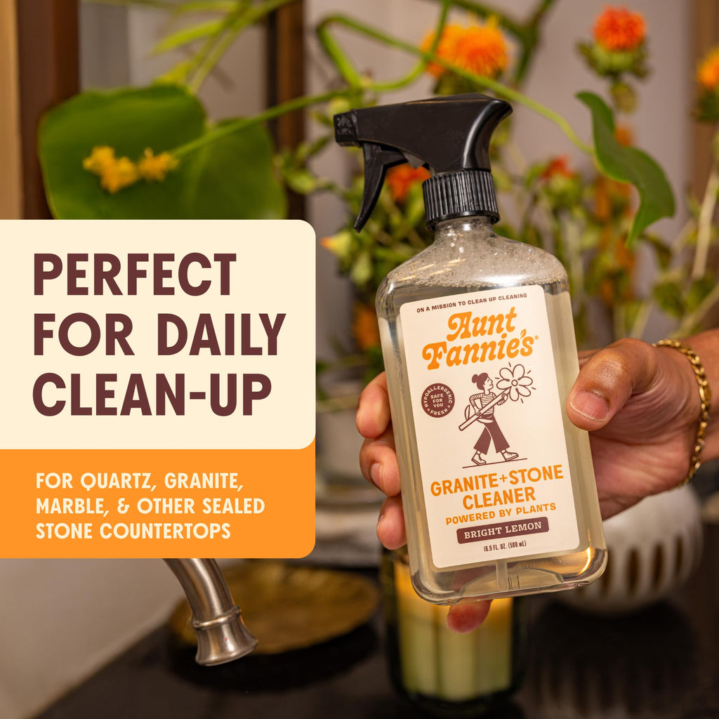 Aunt Fannie's Granite and Stone Cleaner, Plant Based Daily Countertop Spray for Marble, Soapstone, Quartz, Slate, Laminate, and other Sealed Stone, Bright Lemon Scent, Pack of 6
