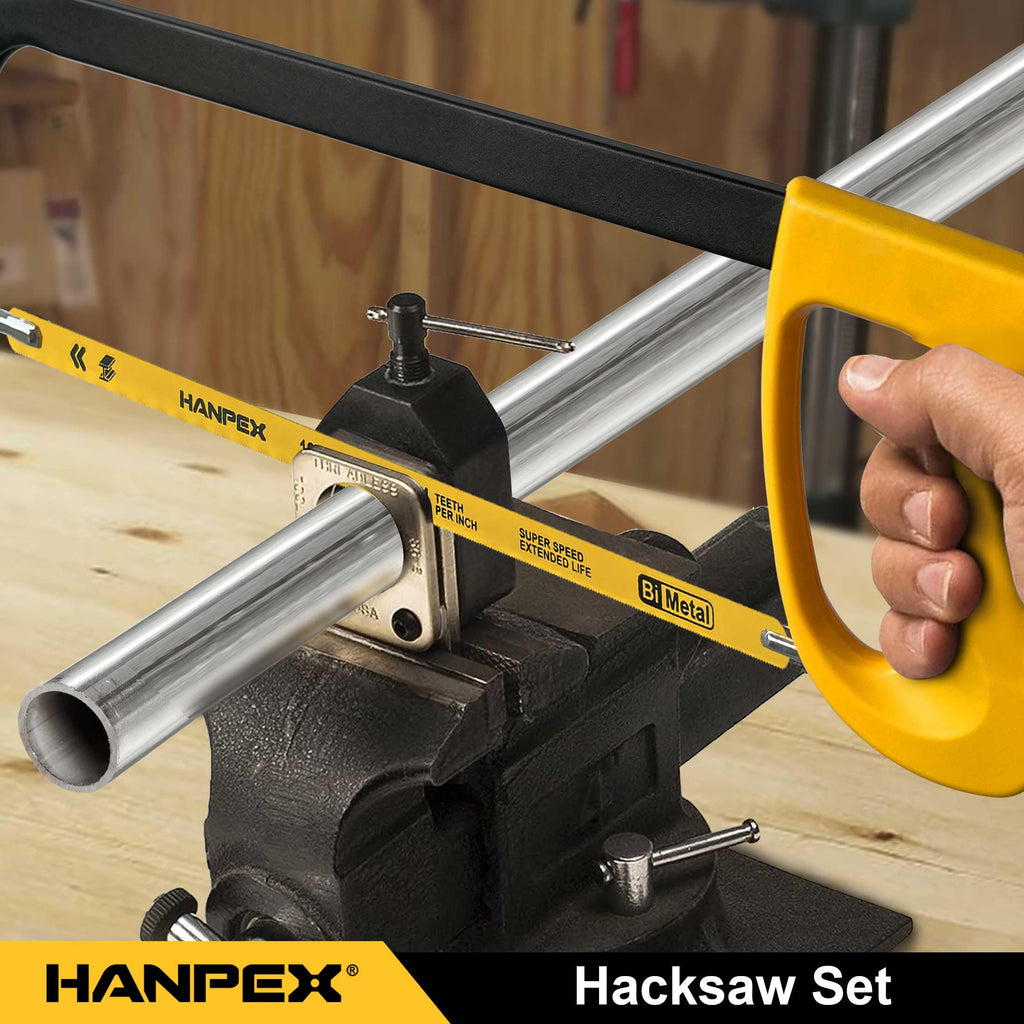 Hanpex 12in. High-Tension Hacksaw Frame with 5pcs Extra Bi-metal Blades, Hand Saw Suitable for Metal, wood, PVC, Carpentry