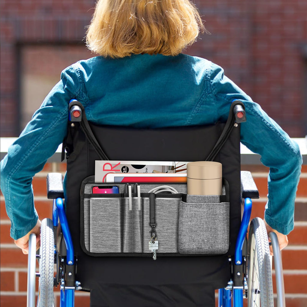 FINPAC Wheelchair Side Storage Bag w/Cup Holder, Wheelchair Armrest Accessories Pouch with Pen Slot and Reflective Strips for Power Walkers, Rollators, Seniors - Gray