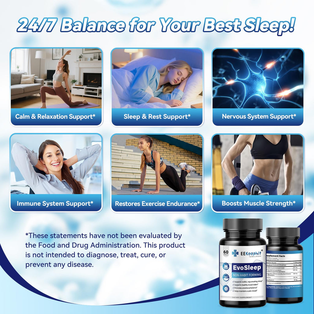 EEKEEPHIT 6 in 1 Melatonin-Free Sleep Aid Sleep Complex with Ashwagandha, GABA, L-Theanine & 5-HTP, VIT B6(P5P) for Adults, Supports Deep Relaxation, 30 Vegan Capsules