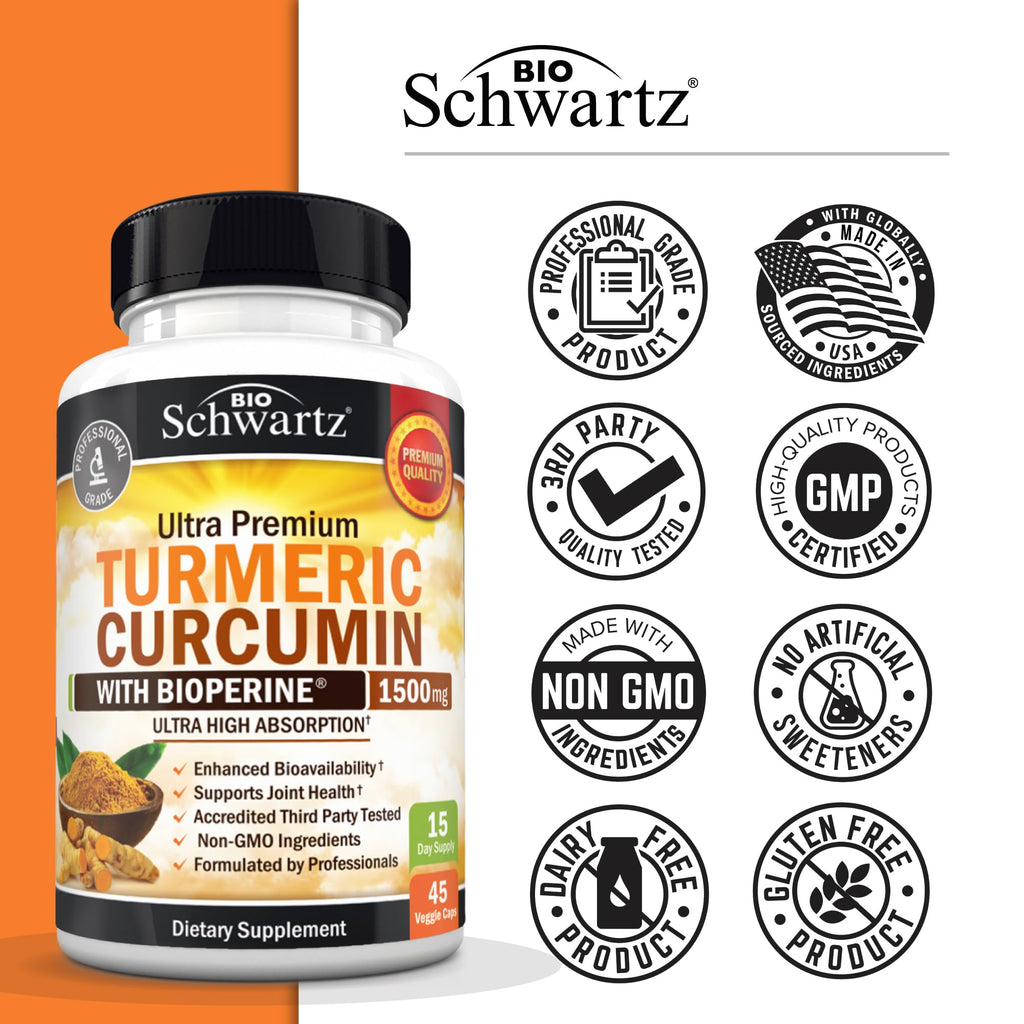 Turmeric Curcumin with Black Pepper Extract 1500mg - High Absorption Ultra Potent Turmeric Supplement with 95% Curcuminoids and BioPerine - Non GMO Tumeric Capsules for Joint Support - 45 Capsules