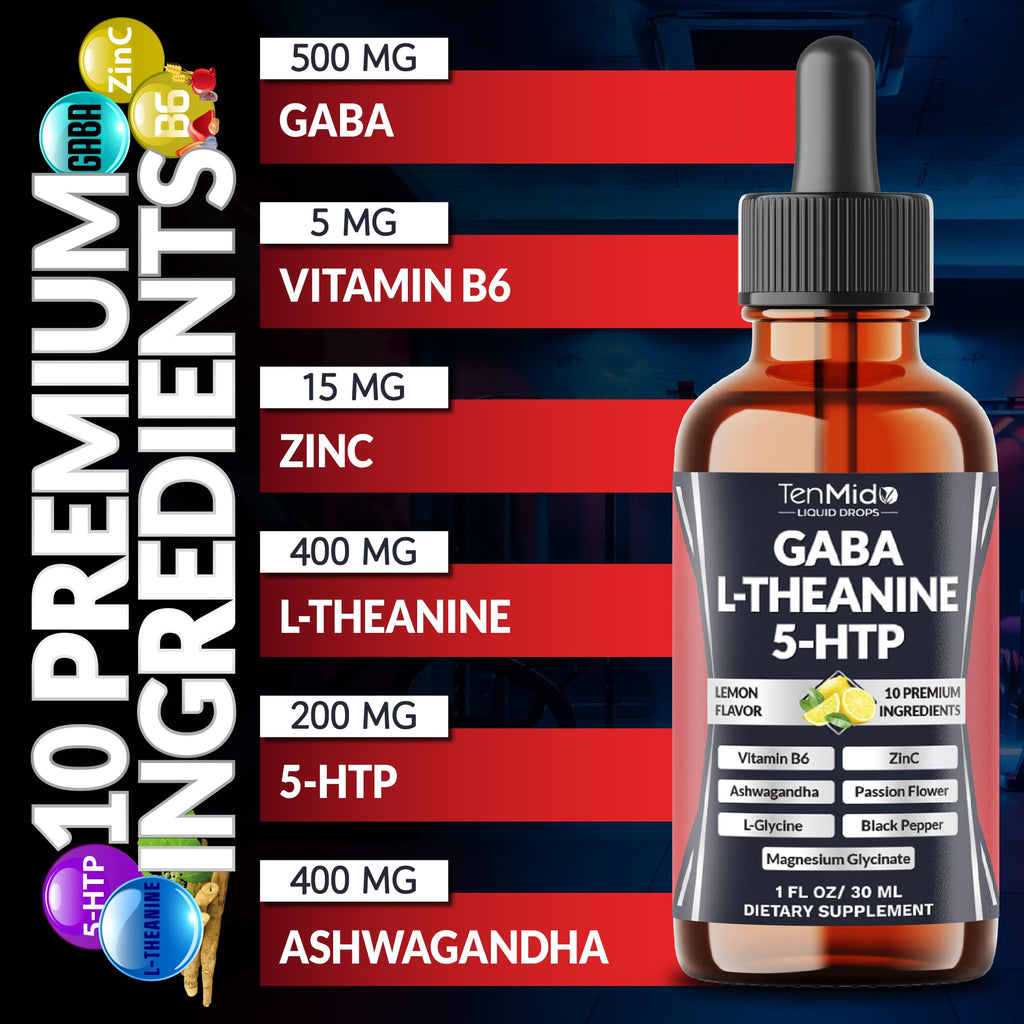 Tenmido 10in1 GABA L-Theanine Supplement Liquid Drops with 5-HTP, Ashwagandha, Magnesium Glycinate, Passion Flower, L-Glycine, Black Pepper and More - 30ml 1 Fl Oz