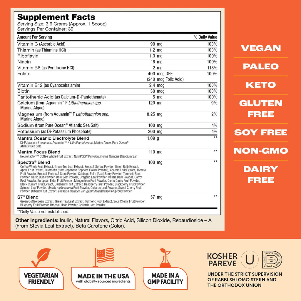 Zahler Mantra Rise, The Energy and Focus Supplement, Citrus Coconut Flavored, 30 Servings.
