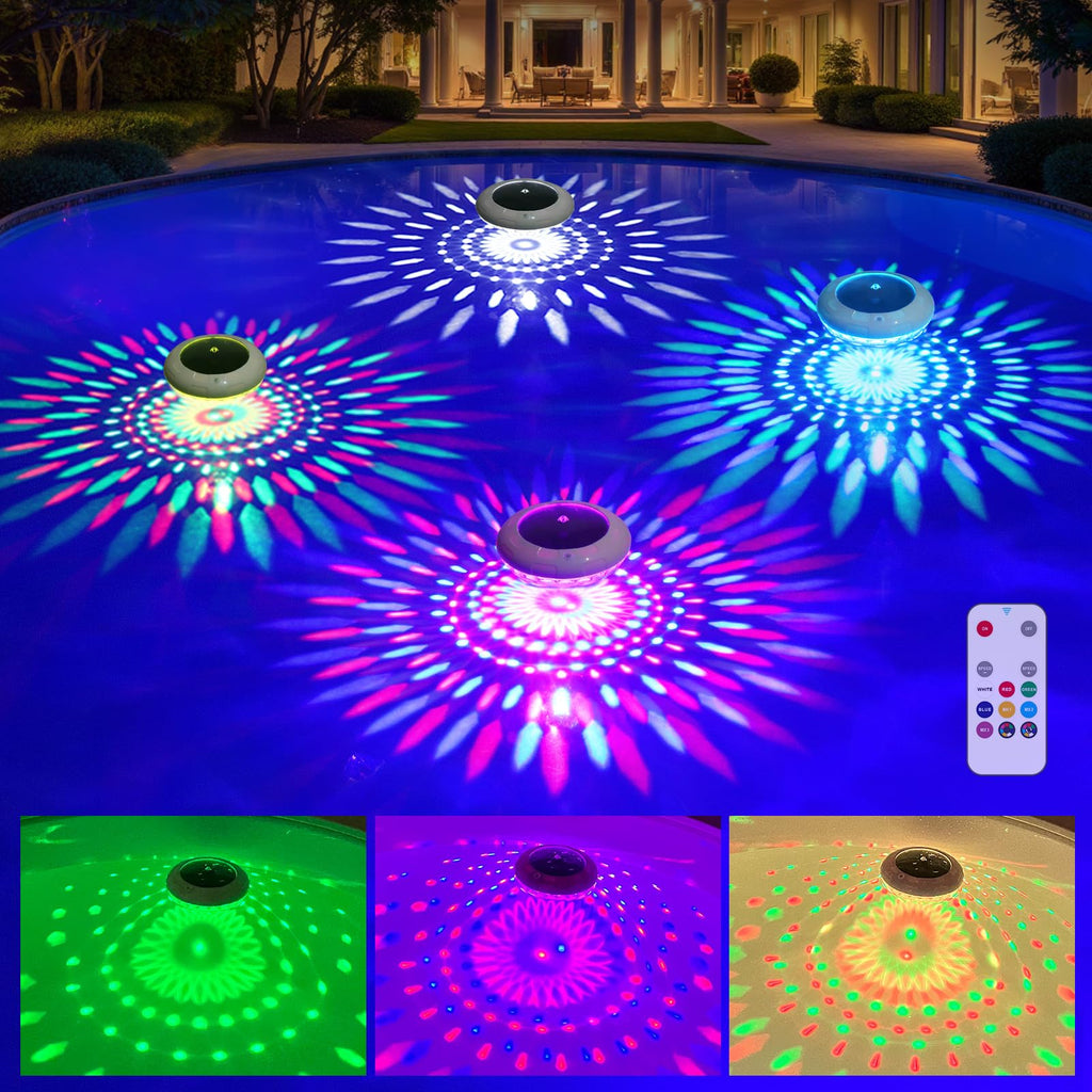 Cootway Floating Pool Lights w/Remote, 6.5 Inch RGB Solar Pool Lights That Float with 9 Dynamic Lighting, IP68 Waterproof Pool Floating Light, Hangable Solar Floating Light for Pools Party Garden(4)