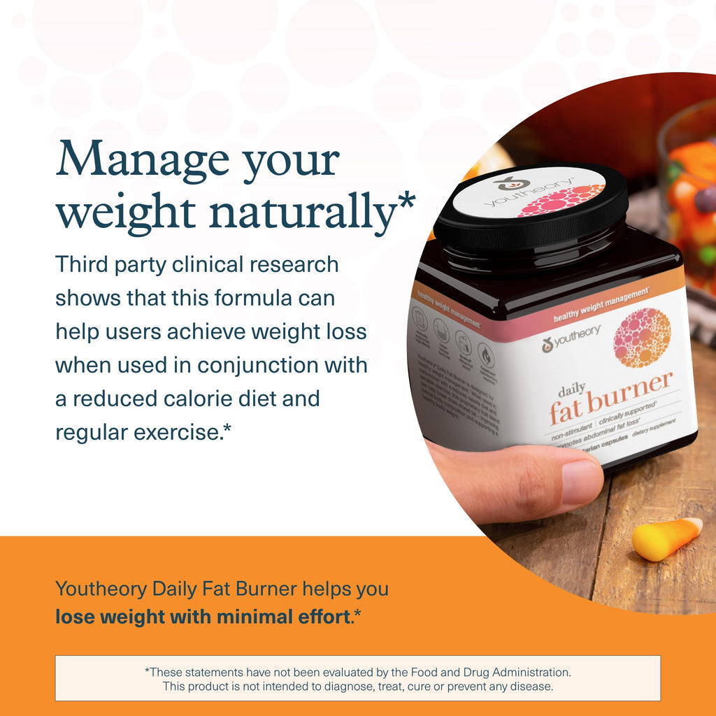 Youtheory Daily Fat Burner - Supports Body Composition & Metabolism - with Citrus Fruit Blend, Chromium & Cayenne Extract - Gluten, Soy & Dairy Free - 60 Vegetarian Capsules