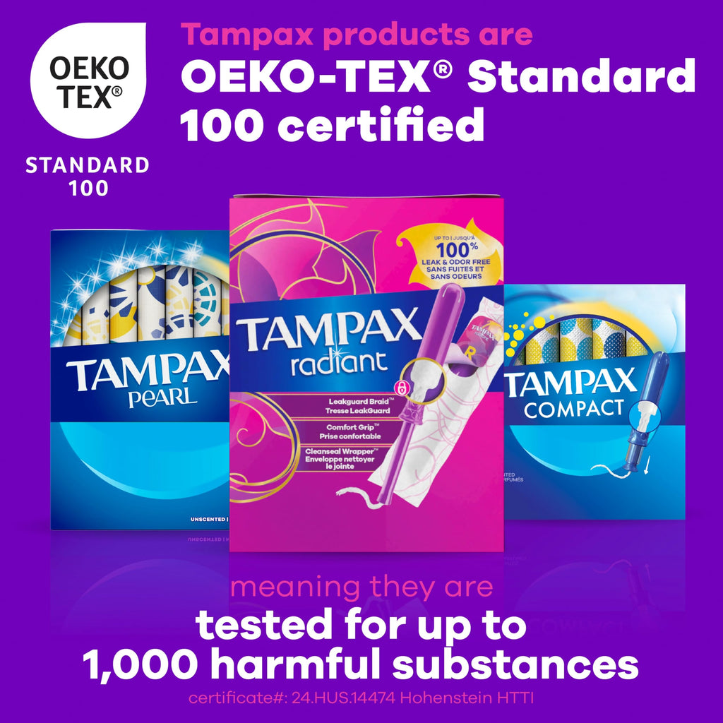Tampax Radiant Tampons for Women Multipack, with LeakGuard Braid, Regular/Super Absorbency, Unscented, 84 Count (3 Packs of 28), Packaging May Vary