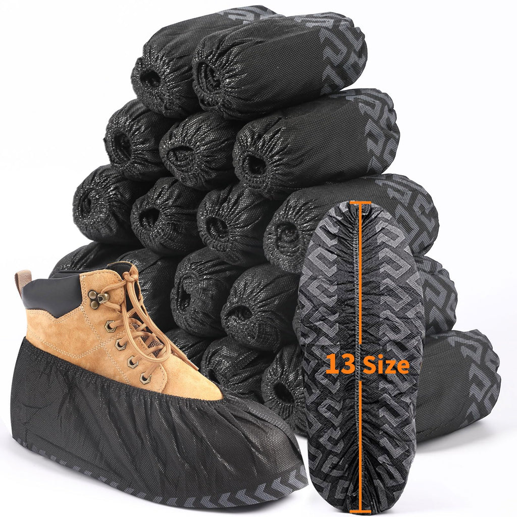 ioiopeak Shoe Covers Disposable 200 Pack (100 Pairs) - Durable, Non-Slip, Water Resistant, and Recyclable Boot Covers for Indoor and Outdoor Use - One Size Fits Most-Black (Black 200 Pcs (Xl))