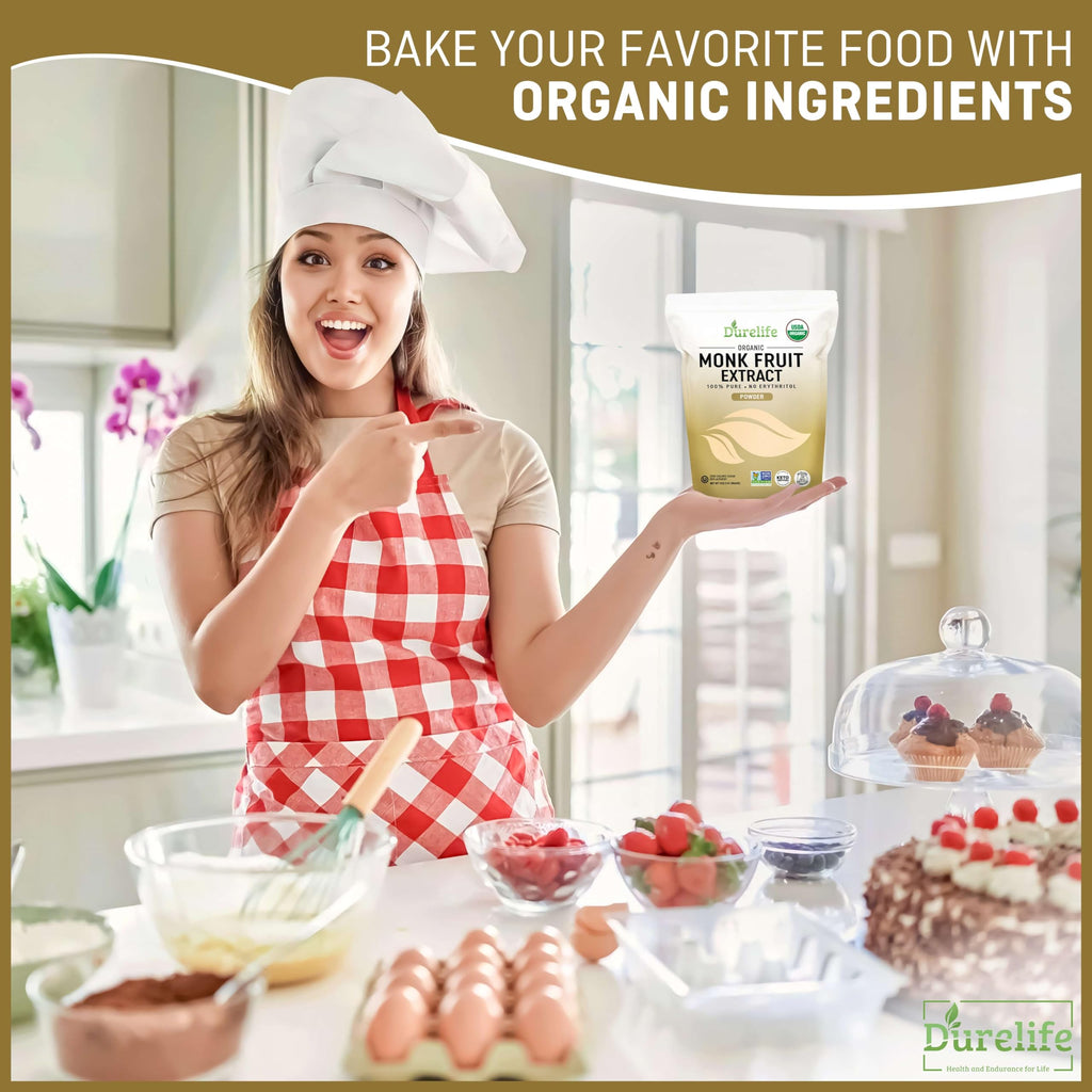 Durelife Organic 100% Pure Monk Fruit sweetener, No Erythritol, Monkfruit Extract Powder, USDA organic NON-GMO Project Verified, Keto Certified, OU kosher No Fillers Zero Calorie Sugar Substitute 5 OZ