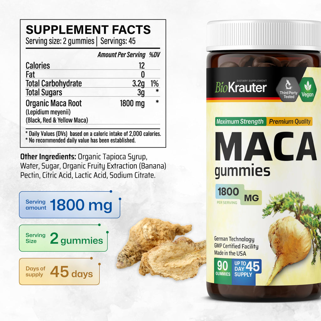 BIO KRAUTER Maca Root for Women and Men - Black, Red & Yellow Maca Supplement 1800 mg for Drive, Performance & Energy Support - 90 Gummies, 45-Day Supply, Non-GMO, Banana Flavor