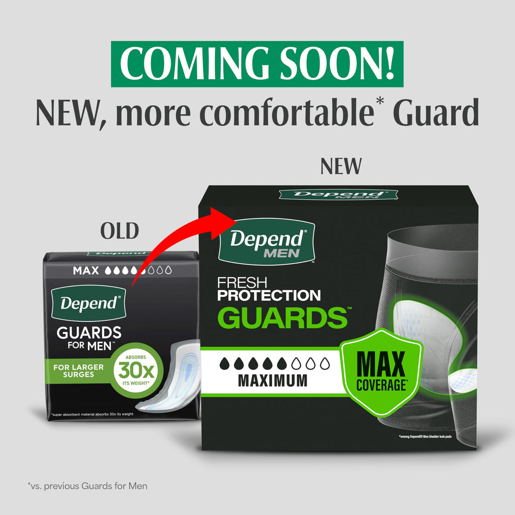 Depend Guards Incontinence Pads for Men, Maximum Absorbency, 168 Count (2 Packs of 84), Packaging May Vary