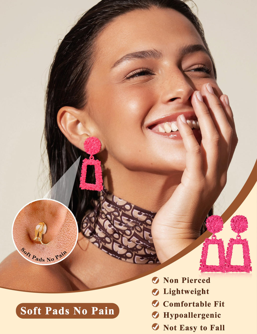 JeryWe 9 Pairs Clip on Earrings for Women Fashion Rattan Acrylic Tassel Drop Dangle Earrings Set Lightweight Geometric Statement Bohemian Clip Earrings for Non Piercied Pink