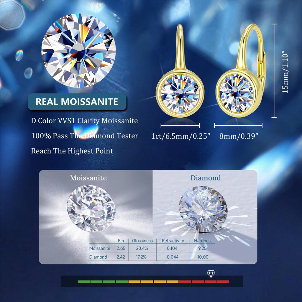 Moissanite Hoop Dangle Earrings for Women Gold Diamond Bezel Drop Earrings