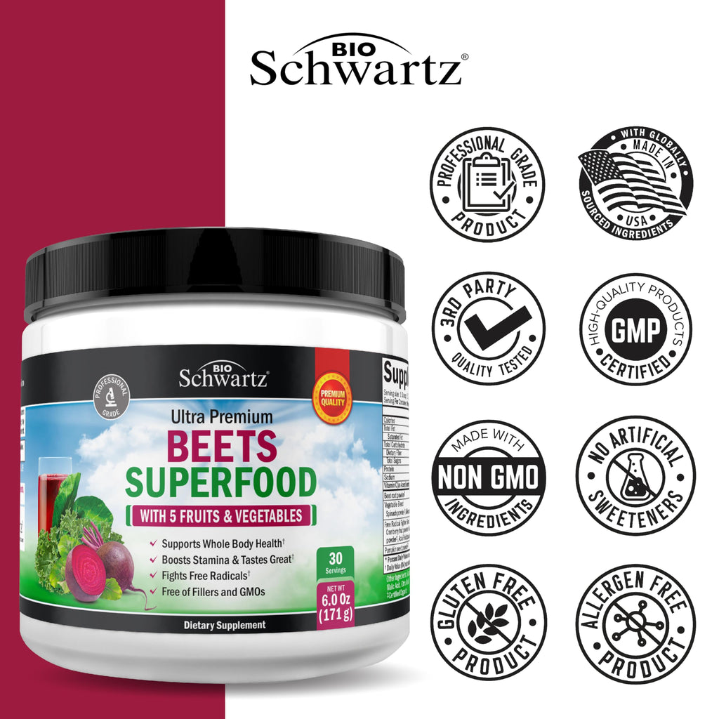 Beet Root Powder - Beets Superfood Supplement with Vitamin C Plus Organic Antioxidant Rich Red Fruits and Vegetables - Boosts Stamina and Natural Energy Levels - 30 Servings - Packaging May Vary