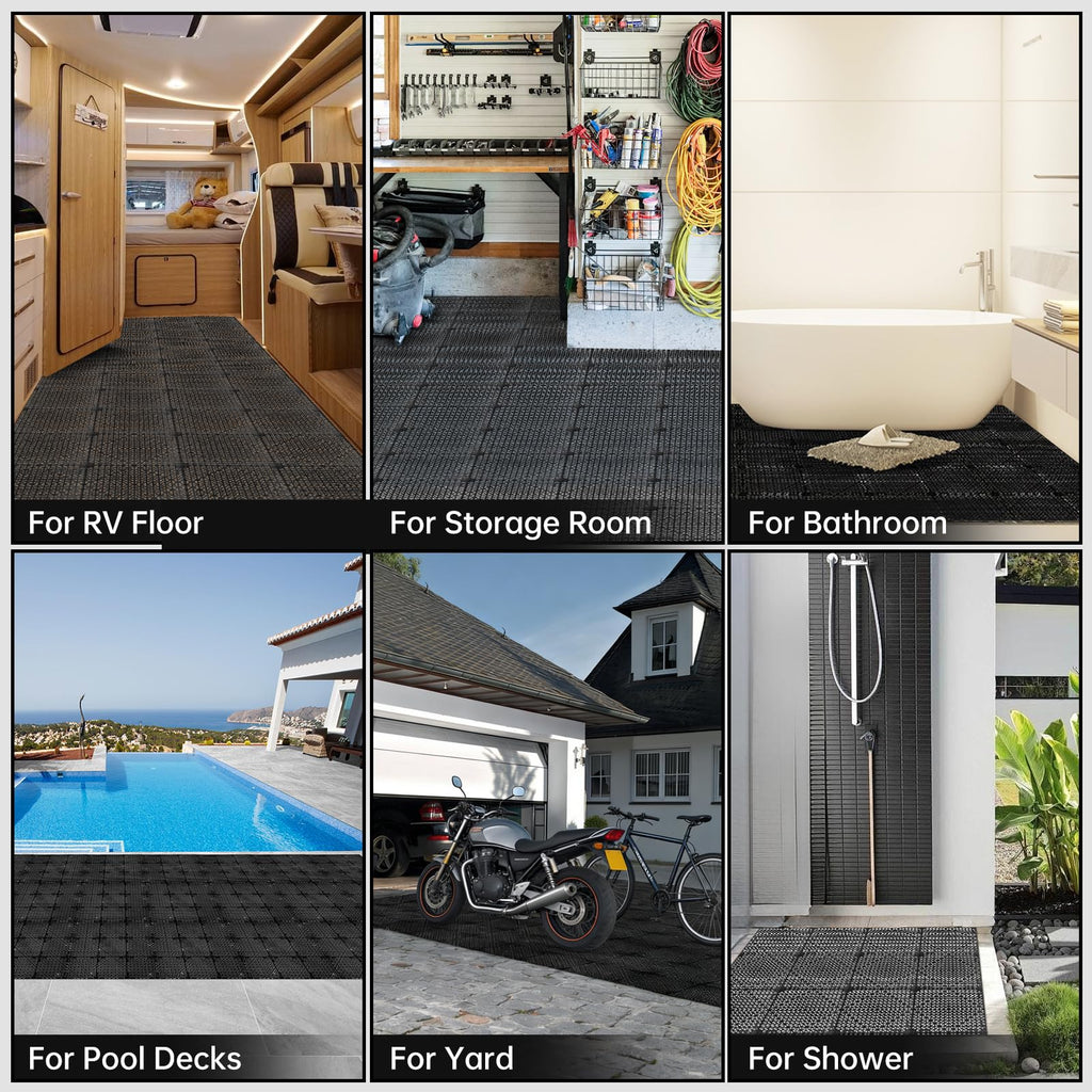 RITOLLO Modular Interlocking Cushion Drainage Floor Tiles, 16-Pack 11.8"x11.8" PVC Raised Non-Slip Interlocking Mats with Drain Holes for Deck, Pool, Garage, Shower, Patio, Bathroom, Sauna, Yard