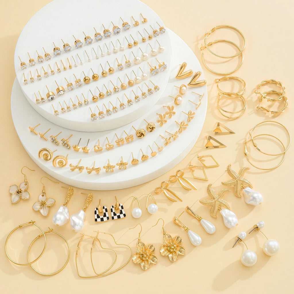 84 Pairs Gold Stud Earrings Set for Women Multipack, Fashion Pearl Cubic Zirconia Butterfly Earrings Packs Piercings, Hypoallergenic Stud Hoops Earrings for Gift (Style08-gold)