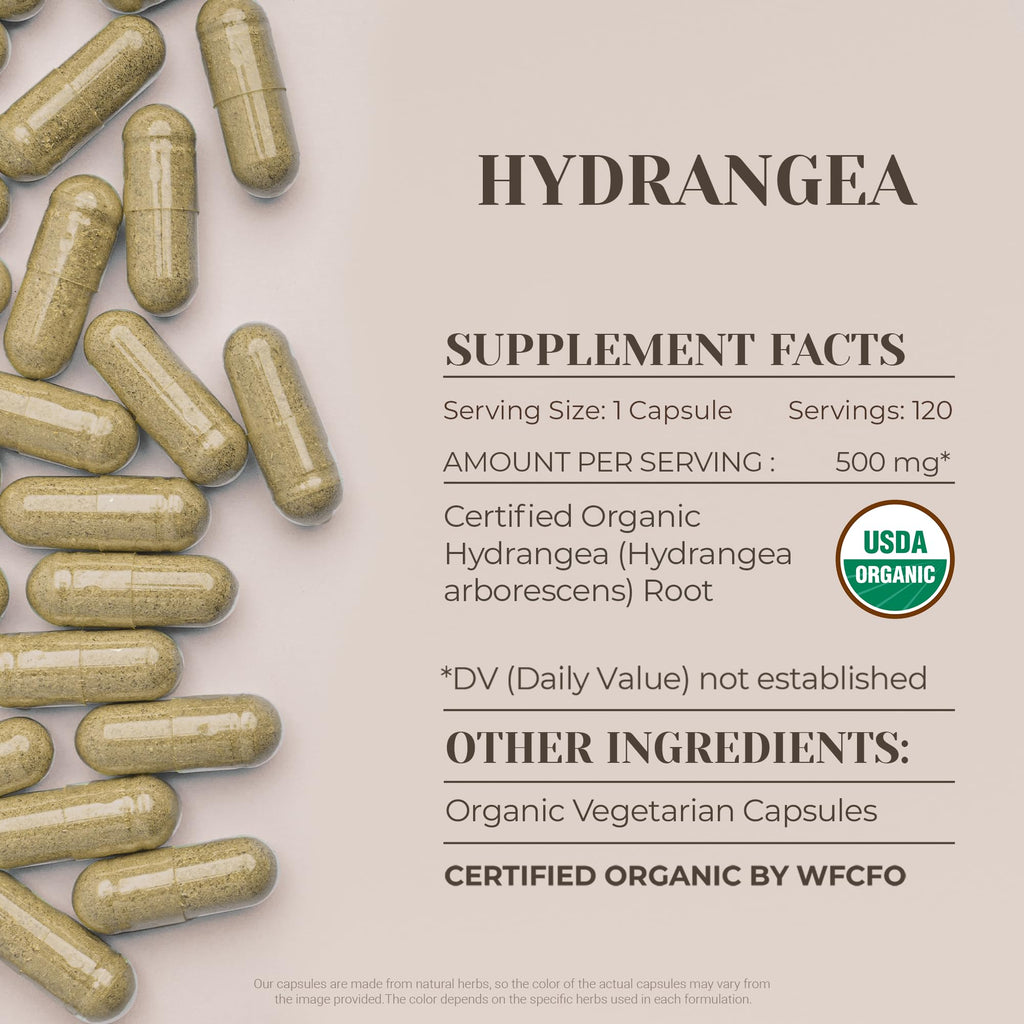 Hydrangea USDA Organic 120 Capsules | High-Potency Natural Supplement | Certified Organic Vegetarian Capsules and Organic Hydrangea arborescens Dried Root (120 Capsules)