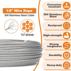 TooTaci 1/8 Stainless Steel Cable Kit, 150ft 1/8 Wire Rope with Crimping Tool & Cutter, Turnbuckle Wire Tensioner Kit, 7×7 Strands Aircraft Cable for Deck Railing, String Light Hanging, Curtain