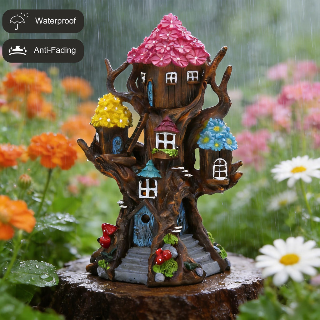 BLBYHO Solar Fairy House 11.8” Tall Fairy Garden House for Outside, Large Fairy Garden Treehouse Accessories Outdoor, Gnome House Garden Statue Fairy Tree House, for Home, Yard, Balcony Decor