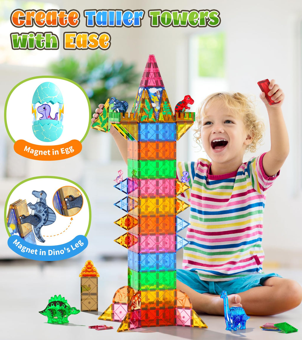 Asago Dinosaur Toys Magnetic Tiles Set - 2 Eggs, 2 Baby Dinos & 5 Large Dinosaurs for Kids 3-5, 105pcs Magnetic Building Blocks for Toddlers 1-3 4-8，Magnet Tiles Educational Toy for Boys Girls