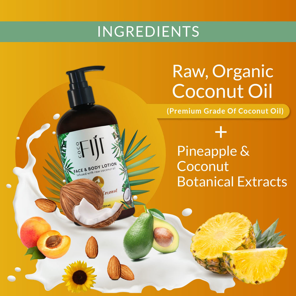Coco Fiji Face & Body Lotion Infused With Coconut Oil | Lotion for Dry Skin | Moisturizer Face Cream & Massage Lotion for Women & Men | Pineapple Coconut 12 oz, Pack of 1