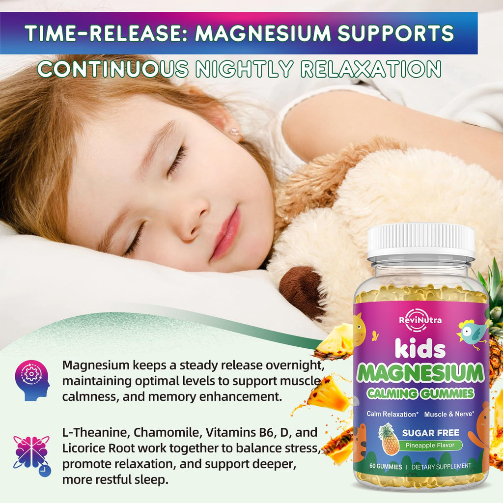 2 Pack Kids Magnesium Gummies, Magnesium Glycinate Gummies for Kids & Adults with L-Theanine, Chamomile, Licorice, Vitamin D, B6 for Sleep, Relaxation, Brain & Muscle, Sugar Free Pineapple