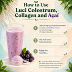 Luci Colostrum Powder 60 Servings 3 in 1 with Collagen Peptides and Acai, Bovine Colostrum for Gut Health, Bloating, Collagen Protein for Muscle, Skin, Hair, Nails and Immunity, Gluten & Fat Free 180g