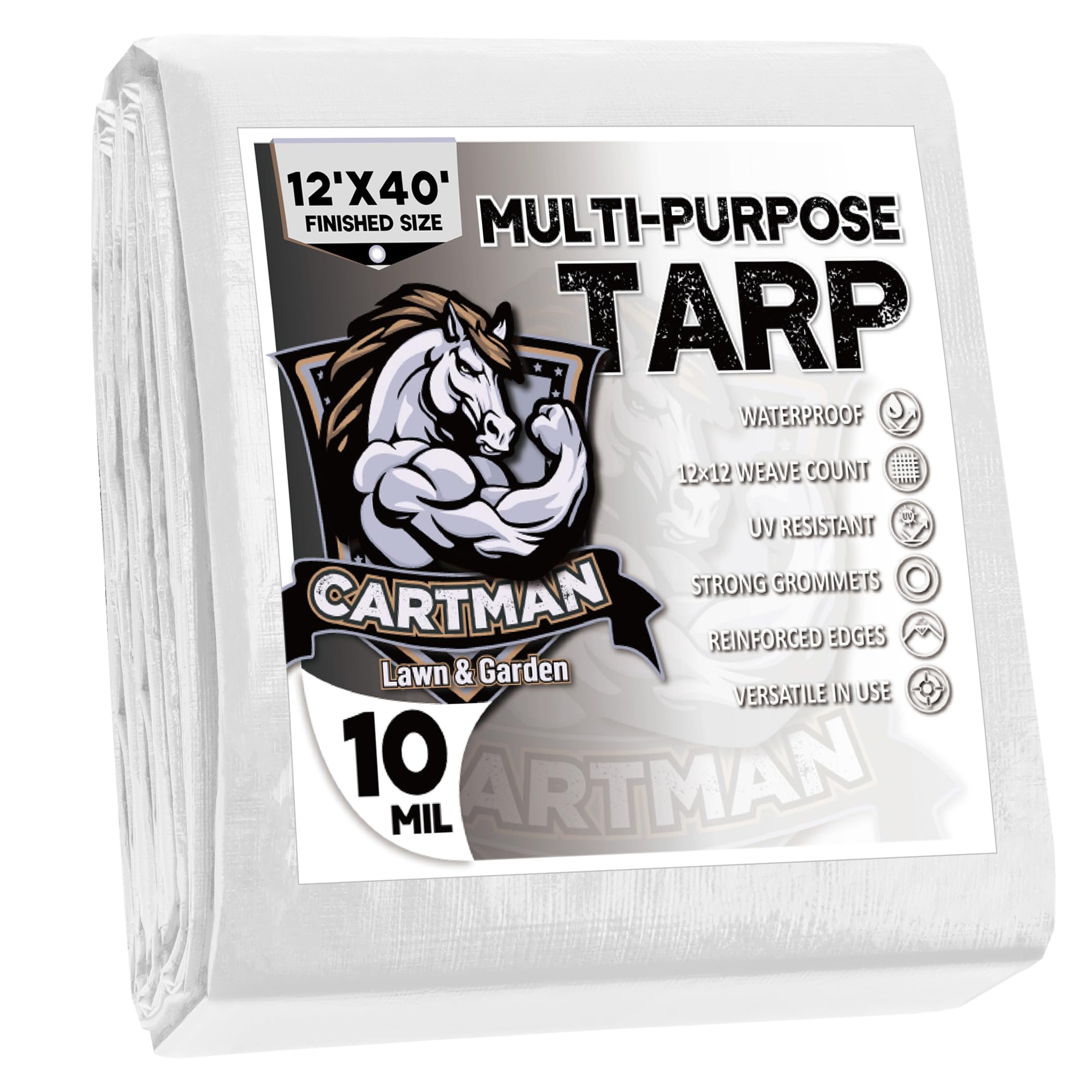 CARTMAN Finished Size 12x40 Feet 10 Mil White Heavy Duty Poly Tarp, Multipurpose Protective Cover, UV Resistant, Waterproof Poly Tarpaulin with Reinforced Edges Tarpaulin with Reinforced Edges