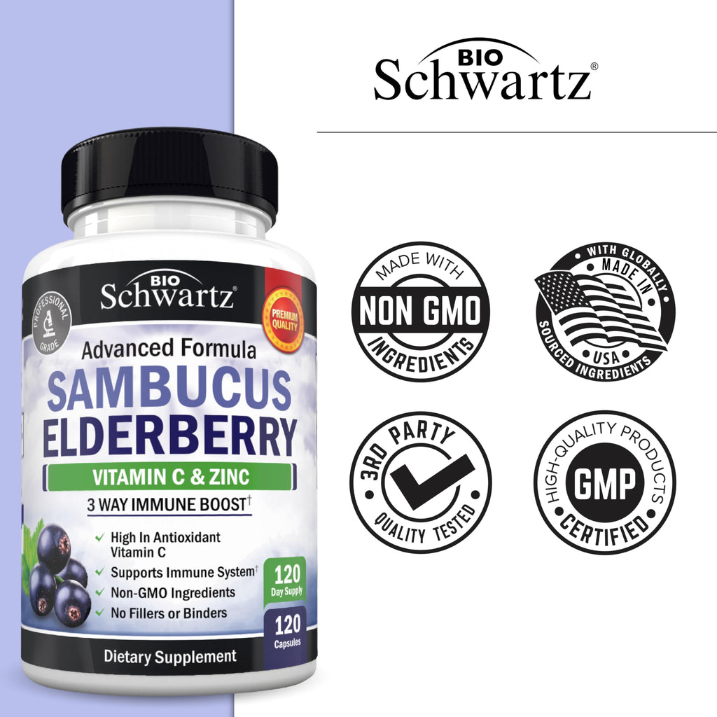 BioSchwartz Elderberry Capsules with Zinc and Vitamin C for Adults - Immune Support Vitamins for Women and Men - Black Sambucus Elderberry Vitamin C and Zinc - Multiminerals Supplement, 120 Count