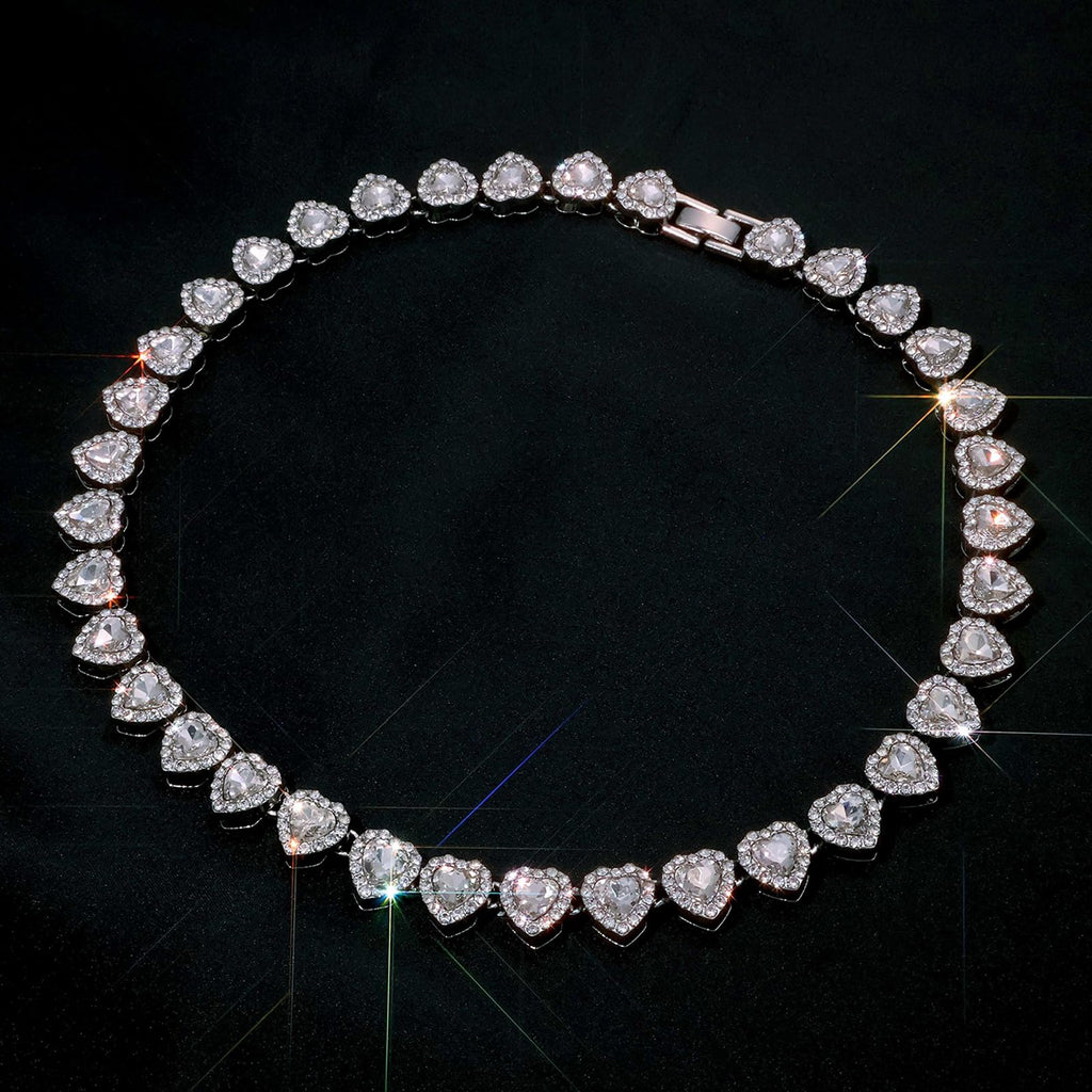 fasone Rhinestone Hearts Necklace, Iced Out Hearts Jewelry，Silver Tennis Necklace For Women，Tennis Necklaces For Women, Heart Tennis Necklace (White_17.7inch)