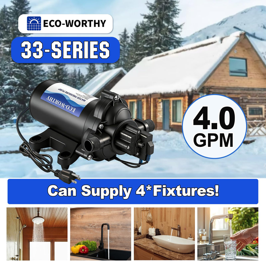 ECO-WORTHY 33-Series Water Pressure Diaphragm Pump Industrial 110V AC 4.0GPM Flow 50PSI Rated Pressure Self Priming RV Fresh Water Pump for Camper Kitchen Bathroom Marine Yacht Caravan
