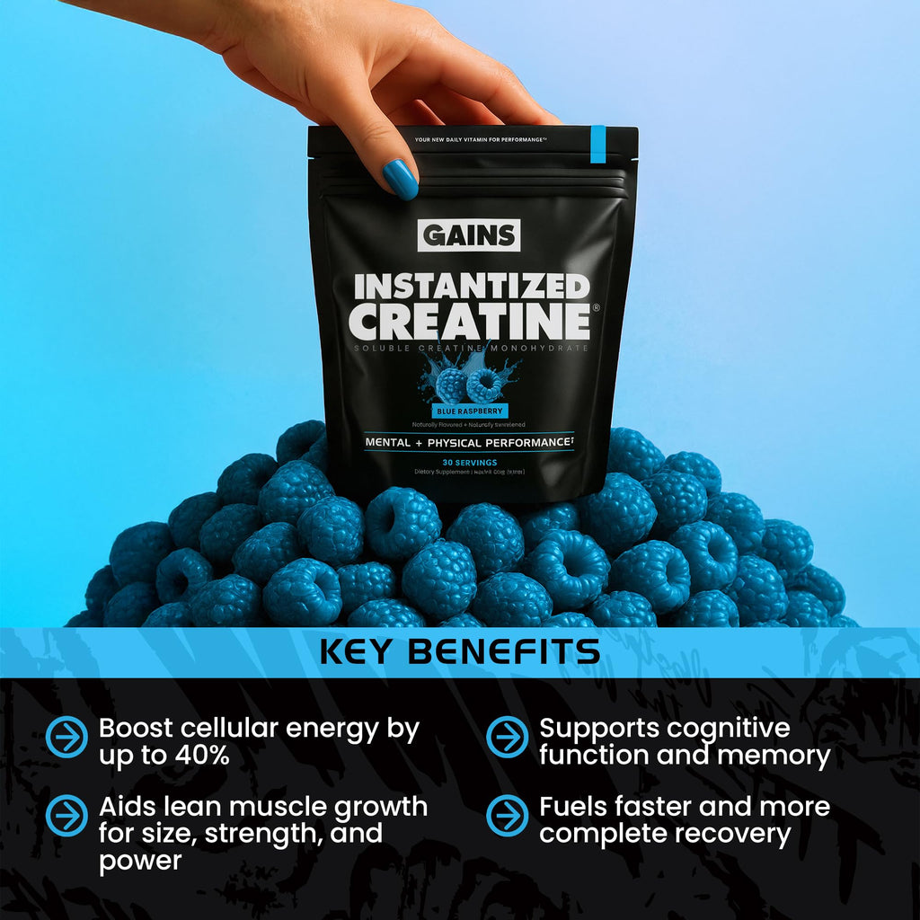 Gains in Bulk Instantized Creatine Monohydrate for Women and Men, Soluble Pre Workout Powder, Supports Muscle Building, Strength and Performance, Bodybuilding Supplements, Blue Raspberry, 30 Servings